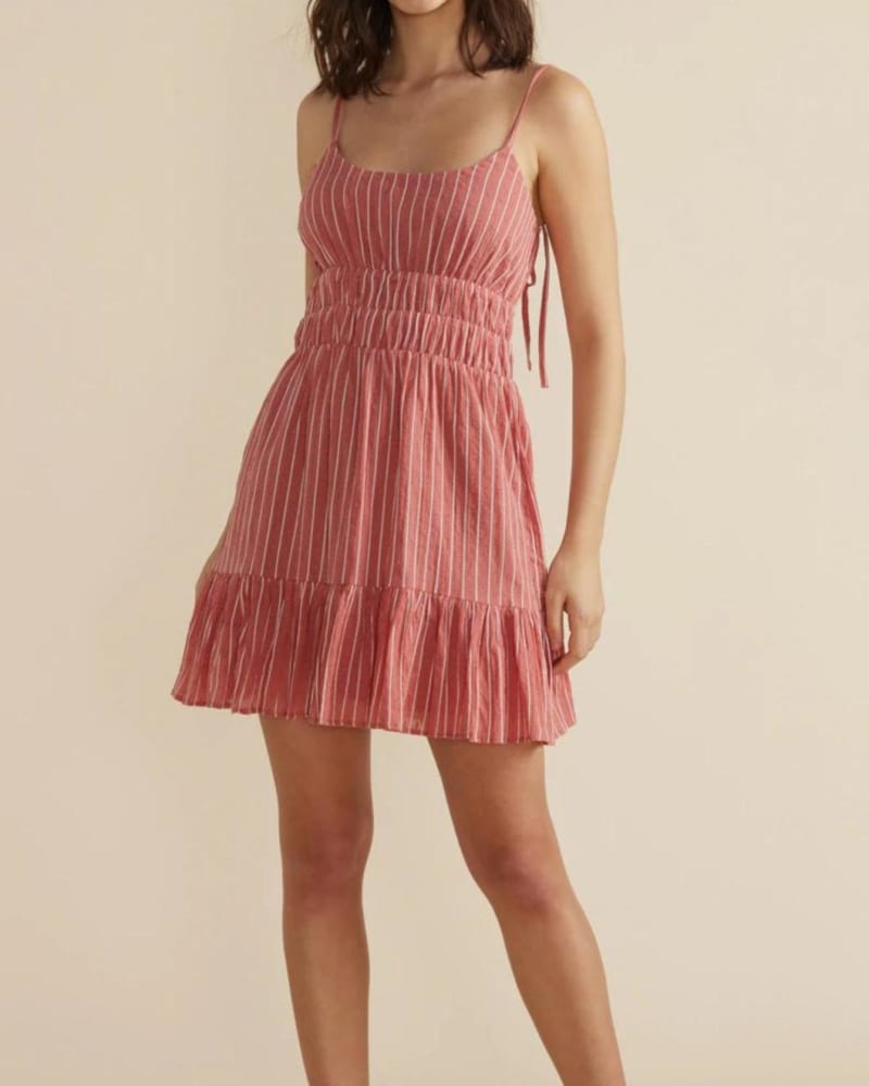 Front of a model wearing a size XL Anne Tie Dress in Dark Pink in Dark Pink by MINKPINK. | dia_product_style_image_id:339181